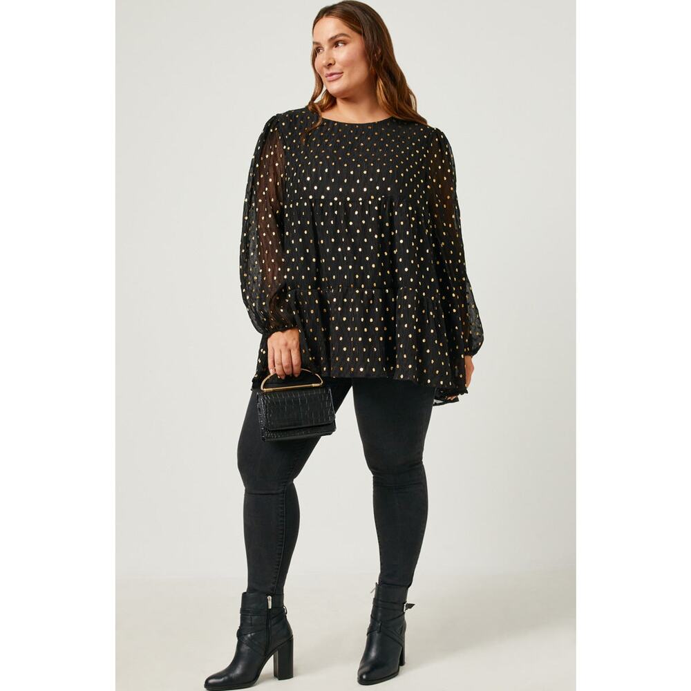 HAYDEN Goldie Black Babydoll Metallic Dot Tiered Tunic Top Plus 3XL - Picture 5 of 6